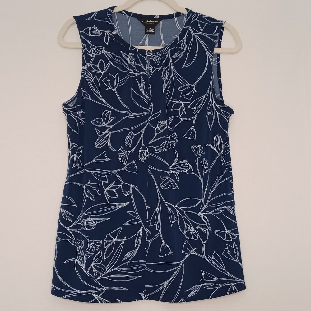 Women's Liz Claiborne Career Blue & White Sleeveless Blouse Size Medium‎